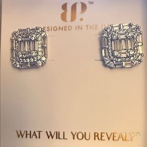 Square Halo Crystal Stud Earrings - Silver